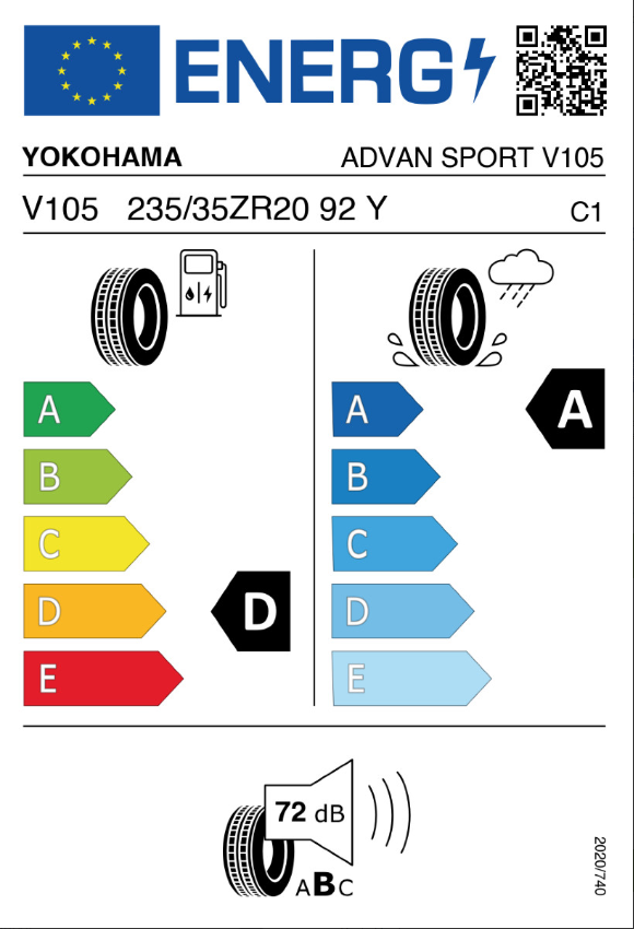 Vorschau: 2 x Neureifen Sommerreifen Yokohama Advan Sport V105 S235/35R20 92Y D, A, 72dB XL