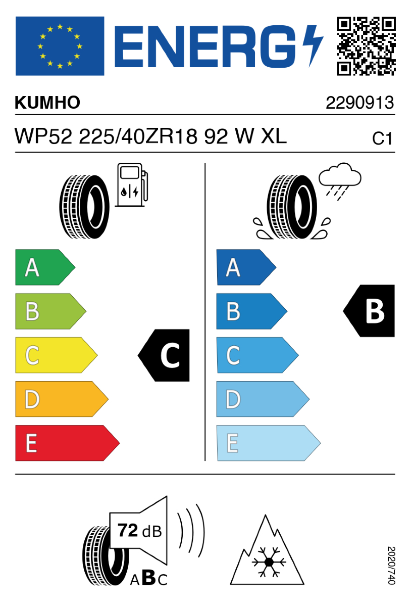 Vorschau: 2 x Neureifen Winterreifen Kumho WP52 Wintercraft W225/40R18 92W C, B, 72dB XL