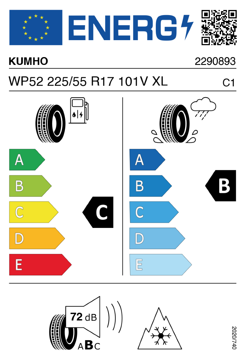 Vorschau: 2 x Neureifen Winterreifen Kumho WP52 Wintercraft W225/55R17 101V C, B, 72dB XL