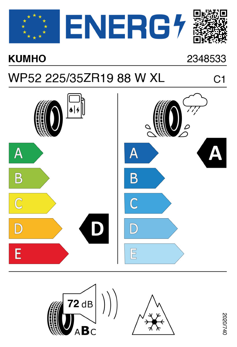 Vorschau: 2 x Neureifen Winterreifen Kumho WP52 Wintercraft W225/35R19 88W D, A, 72dB XL