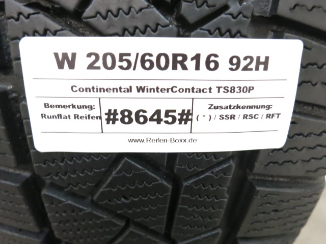 2 x Gebrauchtreifen Winterreifen Continental WinterContact TS830P W205/60R16 92H ( * ) / SSR / RSC